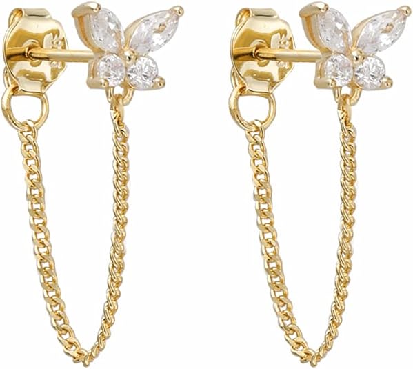 Cubic Zirconia Stud Gold Chain Earrings